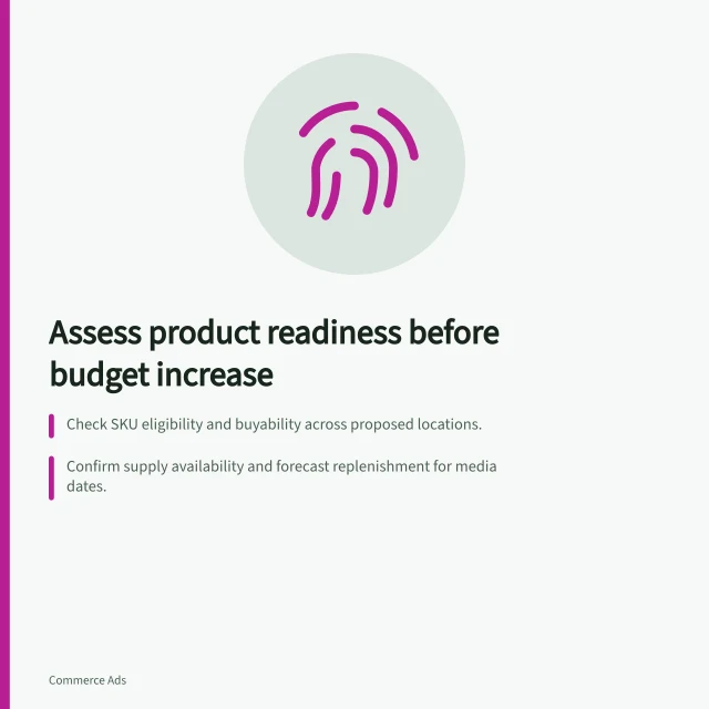 Assess product readiness before budget increase: Check SKU eligibility and buyability across proposed locations.; Confirm supply availability and forecast replenishment for media dates.; Verify retained receipts, variable costs and advertising assumptions. Assessing product readiness before adding more budget