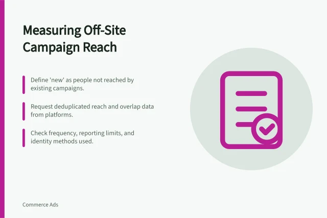 Measuring Off-Site Campaign Reach: Define 'new' as people not reached by existing campaigns.; Request deduplicated reach and overlap data from platforms.; Check frequency, reporting limits, and identity methods used. Checking whether off-site campaigns add new reach