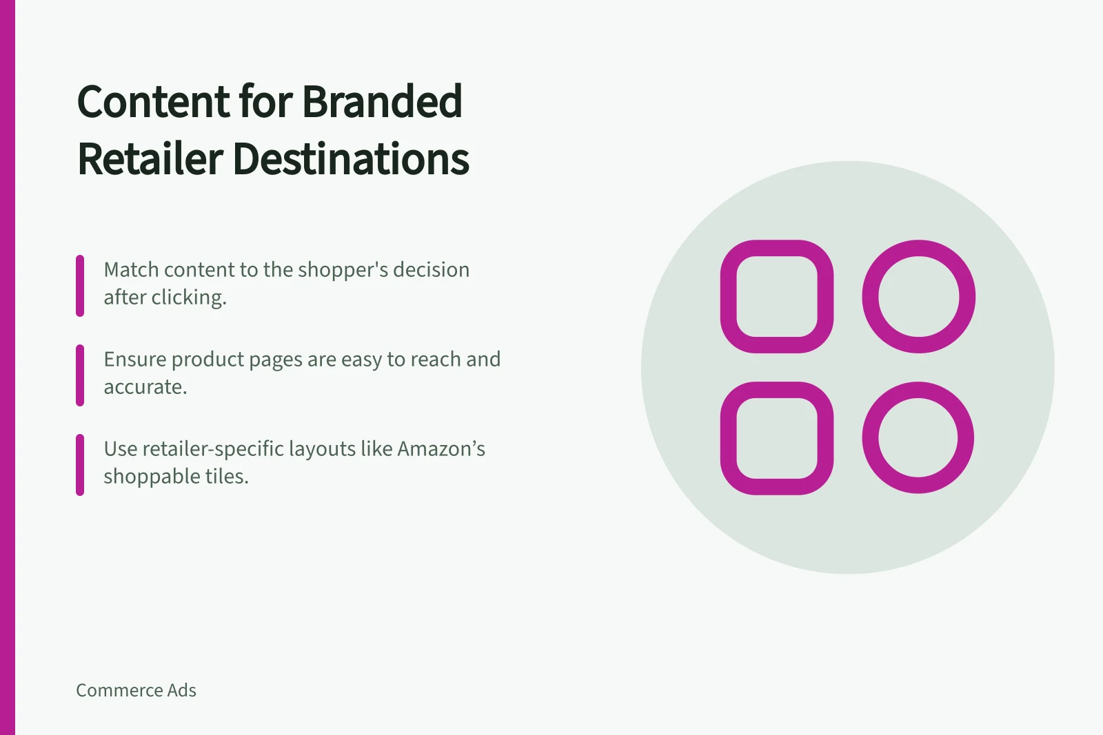 Content for Branded Retailer Destinations: Match content to the shopper's decision after clicking.; Ensure product pages are easy to reach and accurate.; Use retailer-specific layouts like Amazon’s shoppable tiles.