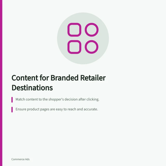 Content for Branded Retailer Destinations: Match content to the shopper's decision after clicking.; Ensure product pages are easy to reach and accurate.; Use retailer-specific layouts like Amazon’s shoppable tiles. Choosing content for a branded retailer destination