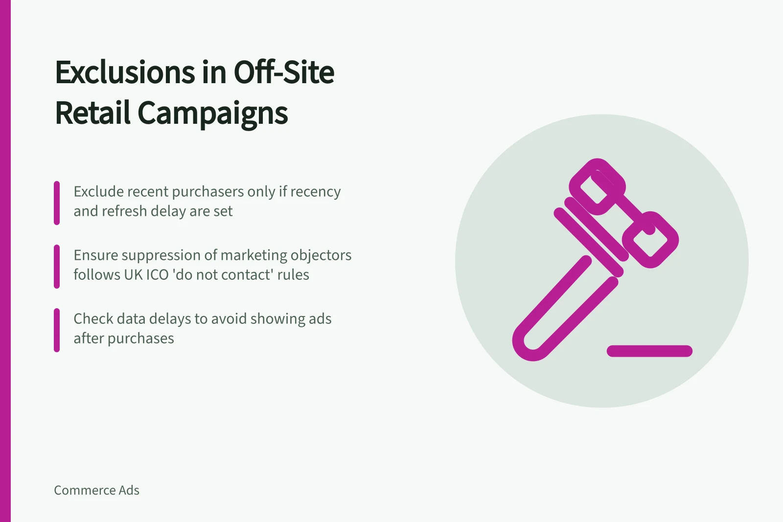 Exclusions in Off-Site Retail Campaigns: Exclude recent purchasers only if recency and refresh delay are set; Ensure suppression of marketing objectors follows UK ICO 'do not contact' rules; Check data delays to avoid showing ads after purchases