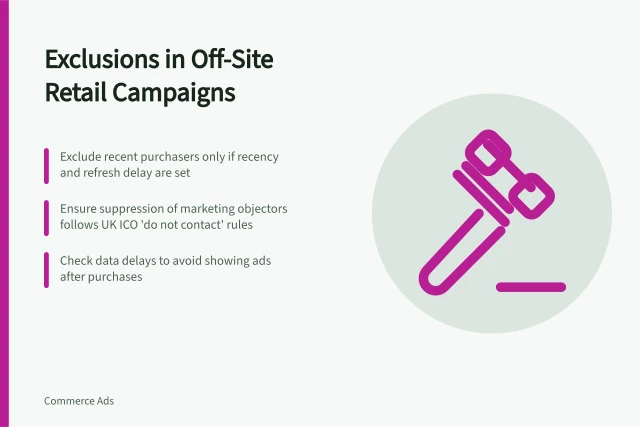 Exclusions in Off-Site Retail Campaigns: Exclude recent purchasers only if recency and refresh delay are set; Ensure suppression of marketing objectors follows UK ICO 'do not contact' rules; Check data delays to avoid showing ads after purchases. Choosing exclusions for off-site retail audience campaigns