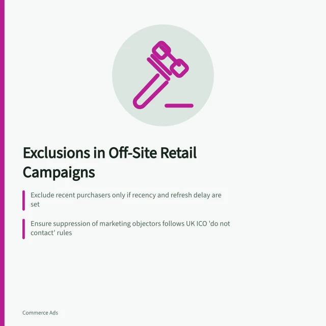 Exclusions in Off-Site Retail Campaigns: Exclude recent purchasers only if recency and refresh delay are set; Ensure suppression of marketing objectors follows UK ICO 'do not contact' rules; Check data delays to avoid showing ads after purchases. Choosing exclusions for off-site retail audience campaigns