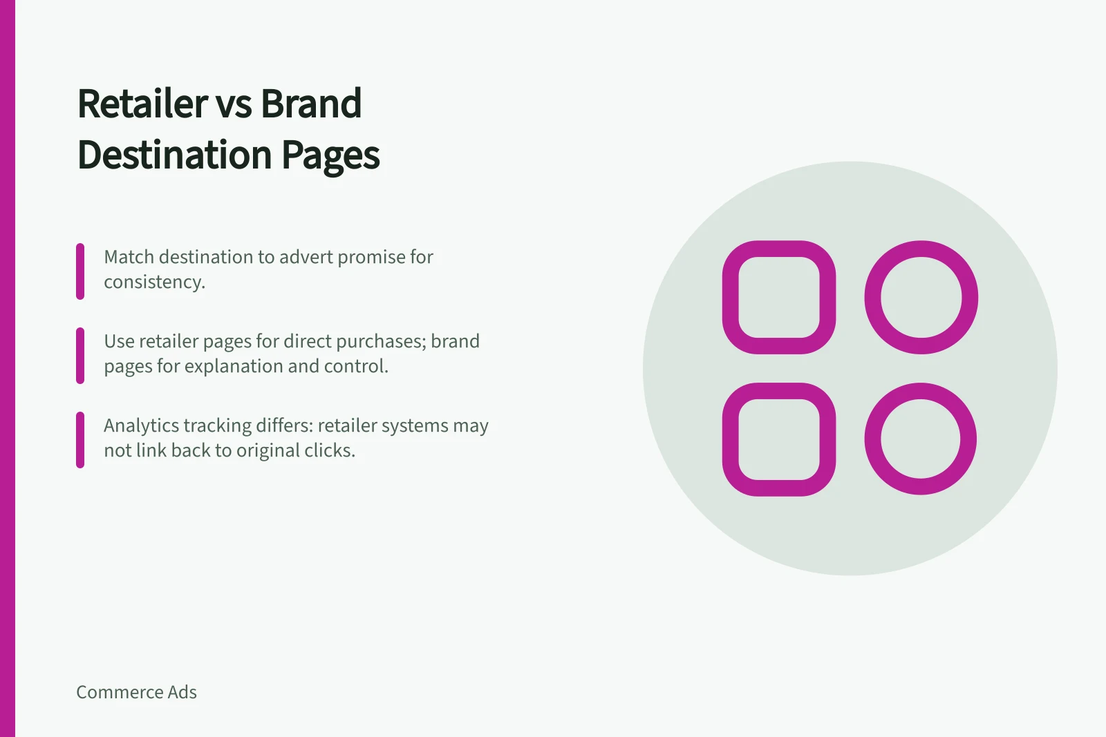Retailer vs Brand Destination Pages: Match destination to advert promise for consistency.; Use retailer pages for direct purchases; brand pages for explanation and control.; Analytics tracking differs: retailer systems may not link back to original clicks.