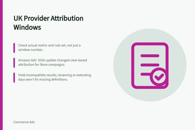 UK Provider Attribution Windows: Check actual metric and rule set, not just a window number.; Amazon Ads' 2026 update changed view-based attribution for Store campaigns.; Hold incompatible results; renaming or extending days won't fix missing definitions. Checking UK provider attribution windows at the reporting handoff