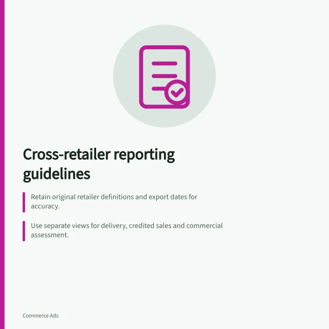 Cross-retailer reporting guidelines: Retain original retailer definitions and export dates for accuracy.; Use separate views for delivery, credited sales and commercial assessment.; Show coverage gaps and distinguish measured zeros from missing data. Cross-retailer reporting