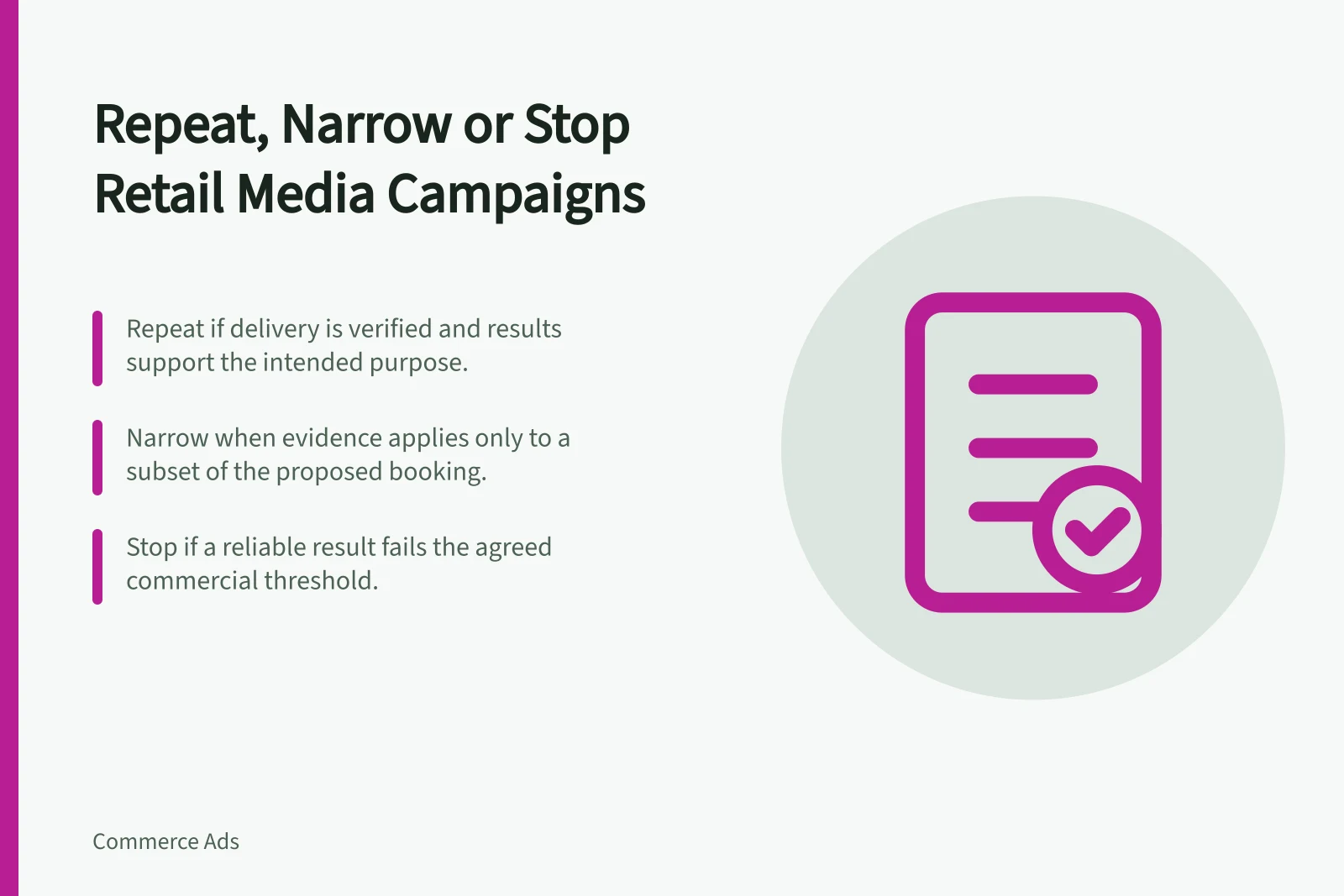 Repeat, Narrow or Stop Retail Media Campaigns: Repeat if delivery is verified and results support the intended purpose.; Narrow when evidence applies only to a subset of the proposed booking.; Stop if a reliable result fails the agreed commercial threshold.