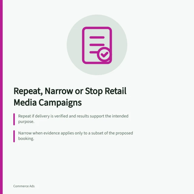 Repeat, Narrow or Stop Retail Media Campaigns: Repeat if delivery is verified and results support the intended purpose.; Narrow when evidence applies only to a subset of the proposed booking.; Stop if a reliable result fails the agreed commercial threshold. Deciding whether to repeat, narrow or stop a retail media campaign