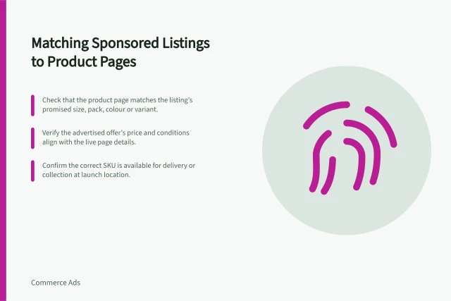 Matching Sponsored Listings to Product Pages: Check that the product page matches the listing’s promised size, pack, colour or variant.; Verify the advertised offer’s price and conditions align with the live page details.; Confirm the correct SKU is available for delivery or collection at launch location. Matching a sponsored listing with a useful product page