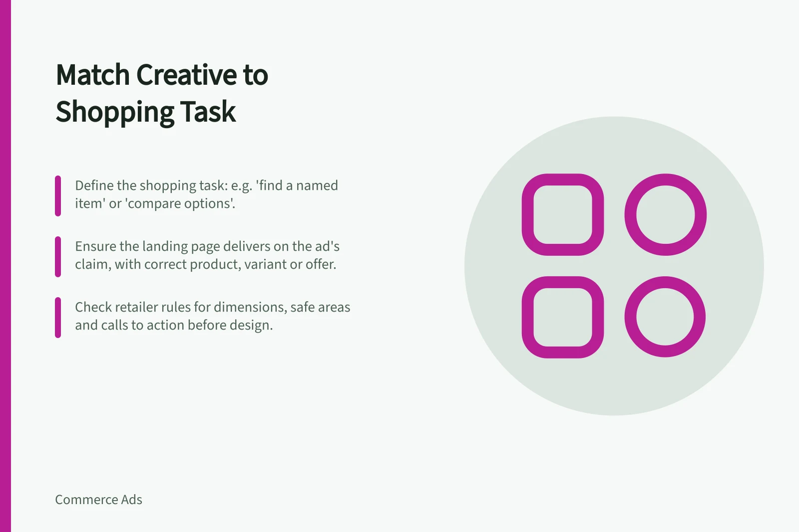 Match Creative to Shopping Task: Define the shopping task: e.g. 'find a named item' or 'compare options'.; Ensure the landing page delivers on the ad's claim, with correct product, variant or offer.; Check retailer rules for dimensions, safe areas and calls to action before design.