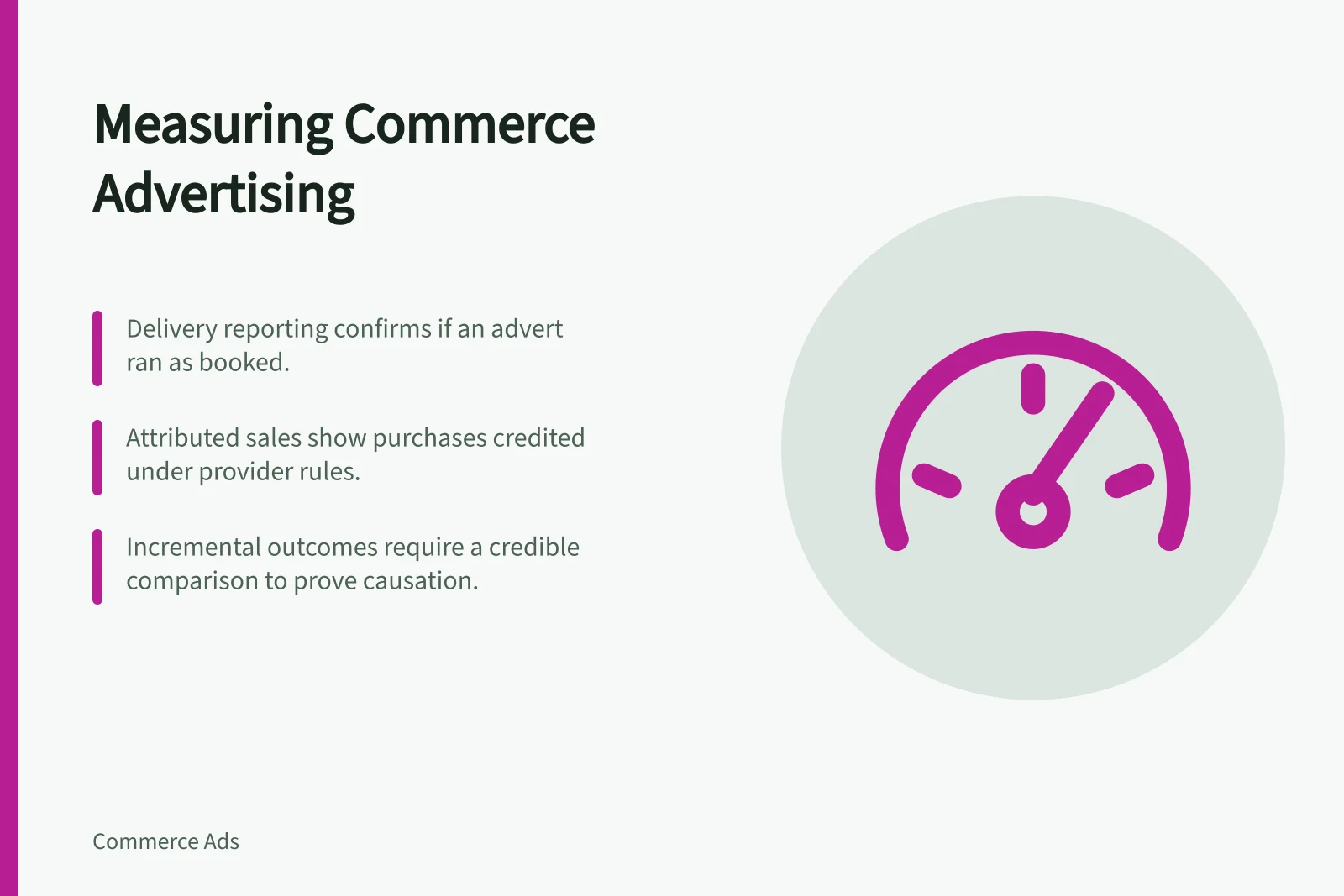 Measuring Commerce Advertising: Delivery reporting confirms if an advert ran as booked.; Attributed sales show purchases credited under provider rules.; Incremental outcomes require a credible comparison to prove causation.