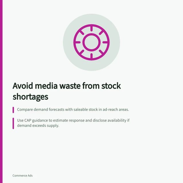 Avoid media waste from stock shortages: Compare demand forecasts with saleable stock in ad-reach areas.; Use CAP guidance to estimate response and disclose availability if demand exceeds supply.; Agree triggers and roles for halting or changing media when stock runs out. Preventing stock shortages from wasting media spend