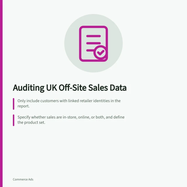 Auditing UK Off-Site Sales Data: Only include customers with linked retailer identities in the report.; Specify whether sales are in-store, online, or both, and define the product set.; Label results clearly with population and transaction boundaries. Auditing the sales population in a UK off-site report