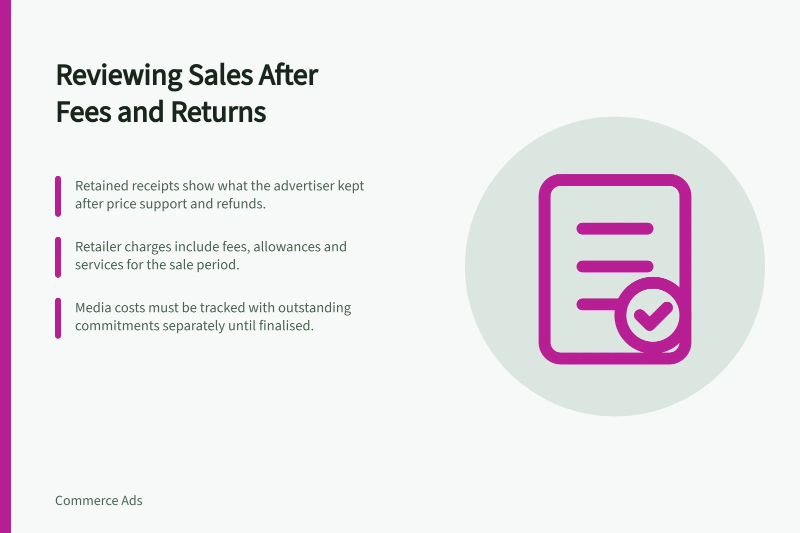 Reviewing Sales After Fees and Returns: Retained receipts show what the advertiser kept after price support and refunds.; Retailer charges include fees, allowances and services for the sale period.; Media costs must be tracked with outstanding commitments separately until finalised.