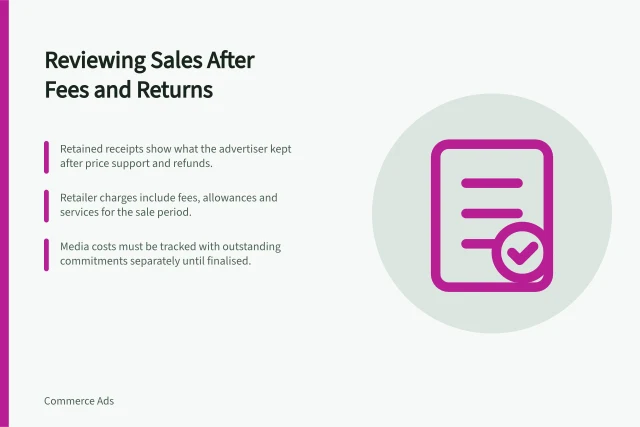 Reviewing Sales After Fees and Returns: Retained receipts show what the advertiser kept after price support and refunds.; Retailer charges include fees, allowances and services for the sale period.; Media costs must be tracked with outstanding commitments separately until finalised. Reviewing a sale period after retailer fees and returns