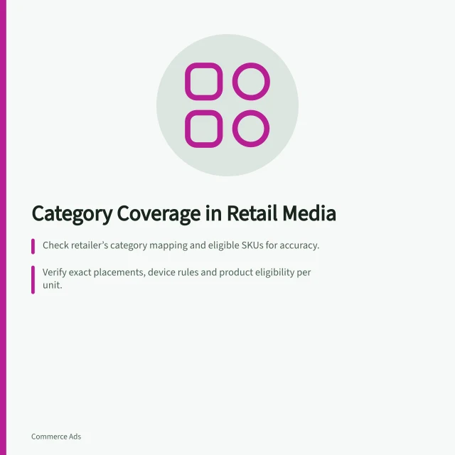 Category Coverage in Retail Media: Check retailer’s category mapping and eligible SKUs for accuracy.; Verify exact placements, device rules and product eligibility per unit.; Confirm reporting boundaries match promoted products and campaign goals. Reviewing category coverage in a retail media proposal