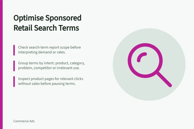 Optimise Sponsored Retail Search Terms: Check search-term report scope before interpreting demand or rates.; Group terms by intent: product, category, problem, competitor or irrelevant use.; Inspect product pages for relevant clicks without sales before pausing terms. Reviewing search terms for sponsored retail campaigns