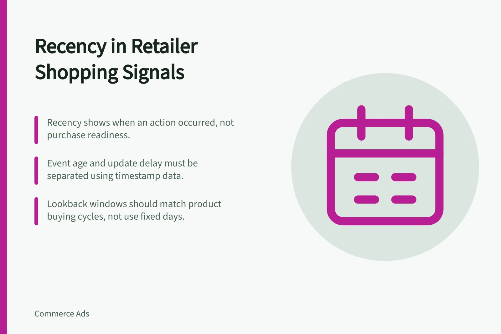 Recency in Retailer Shopping Signals: Recency shows when an action occurred, not purchase readiness.; Event age and update delay must be separated using timestamp data.; Lookback windows should match product buying cycles, not use fixed days.