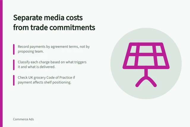 Separate media costs from trade commitments: Record payments by agreement terms, not by proposing team.; Classify each charge based on what triggers it and what is delivered.; Check UK grocery Code of Practice if payment affects shelf positioning. Separating media costs from trade marketing commitments