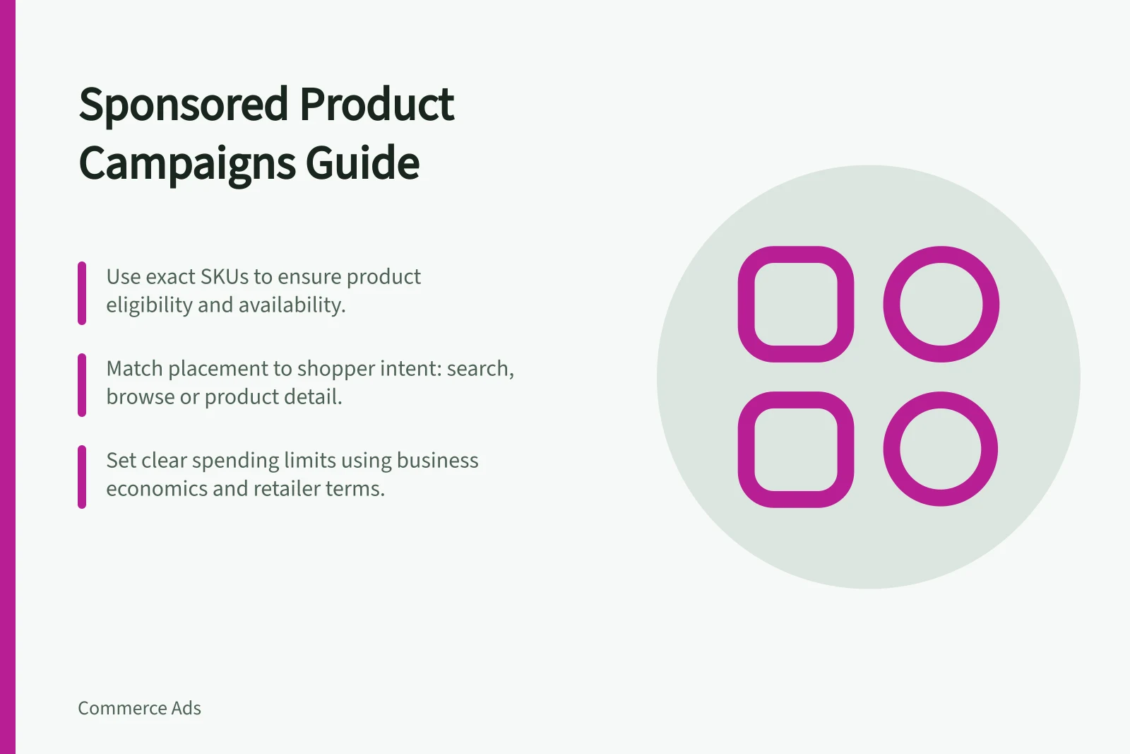 Sponsored Product Campaigns Guide: Use exact SKUs to ensure product eligibility and availability.; Match placement to shopper intent: search, browse or product detail.; Set clear spending limits using business economics and retailer terms.